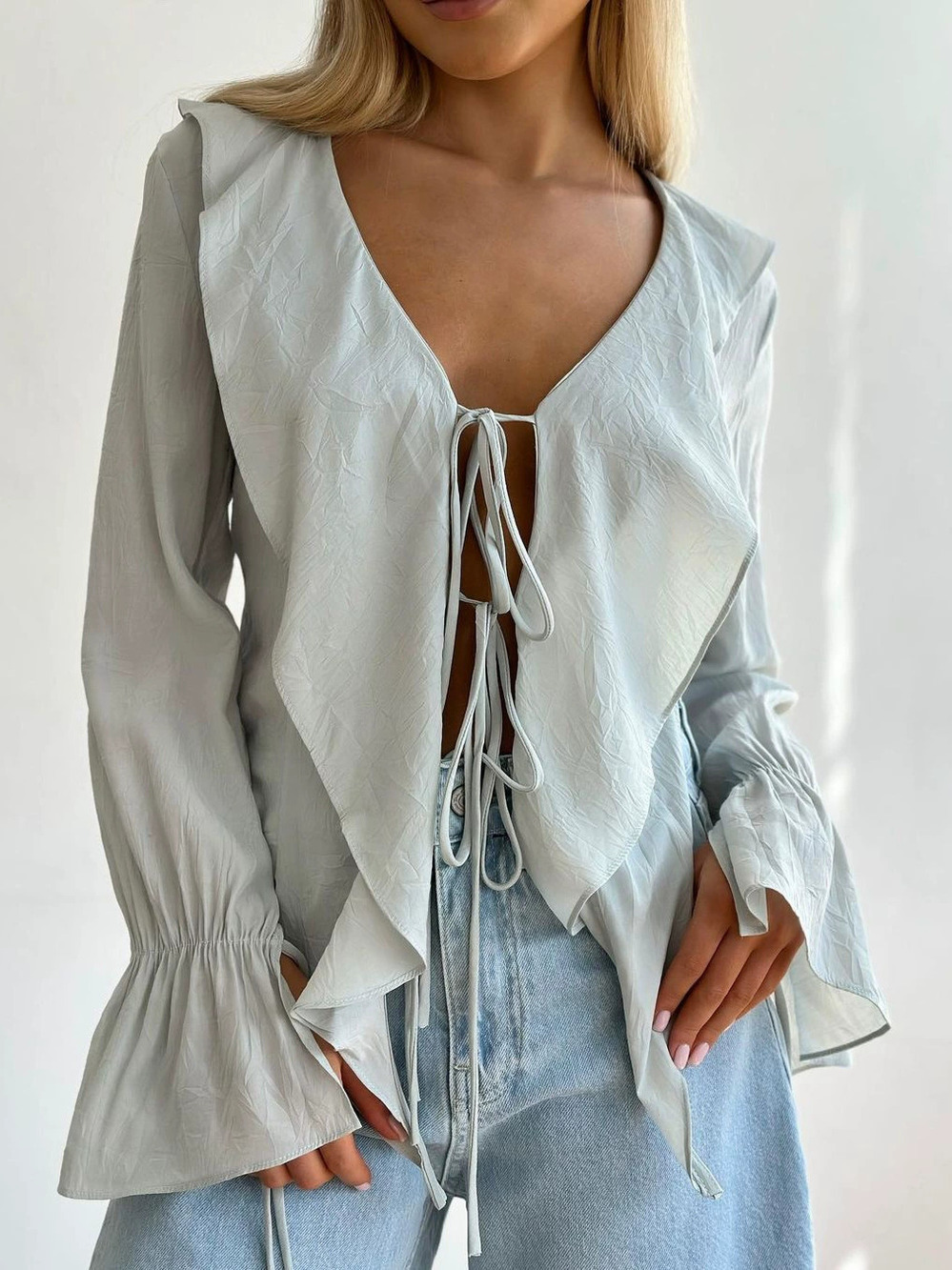 Zara Fall Lazy Tie Front Cropped Petal Sleeve Cardigan